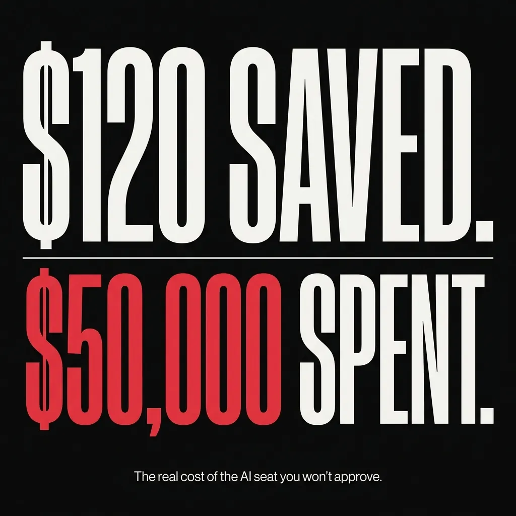 Typographic poster: $120 SAVED vs $50,000 SPENT — the real cost of the AI seat you won't approve.