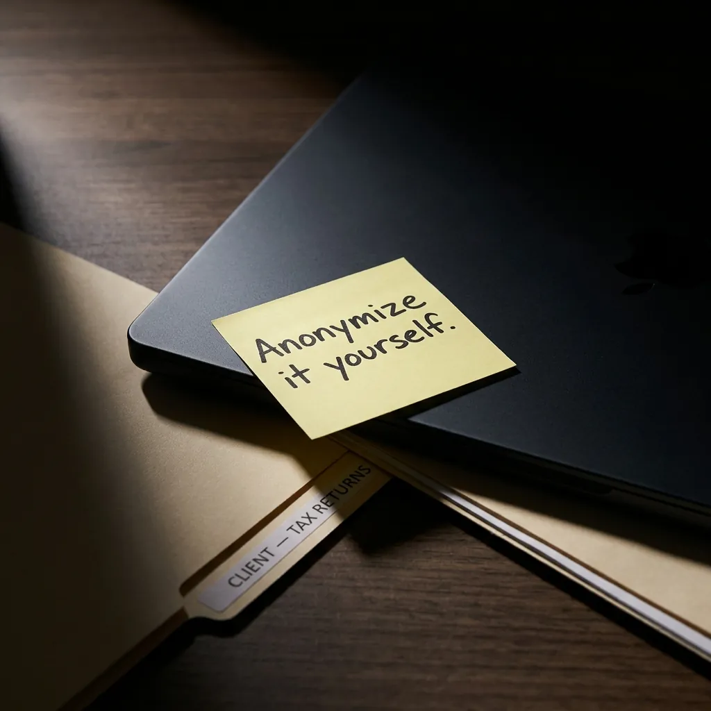 A sticky note on a laptop reading: Anonymize it yourself. — the actual AI policy at one accounting firm.