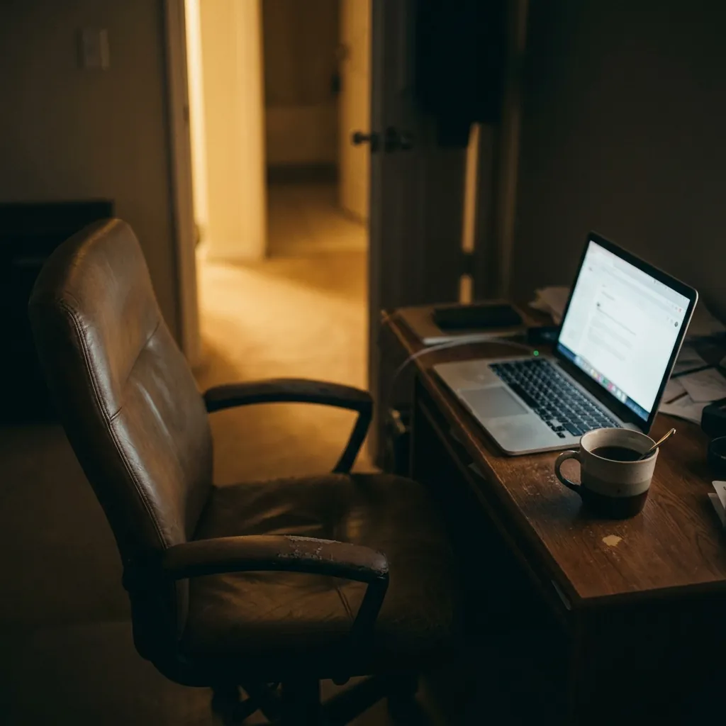 An empty office chair, laptop still open on a free AI chat interface — the person has just left.