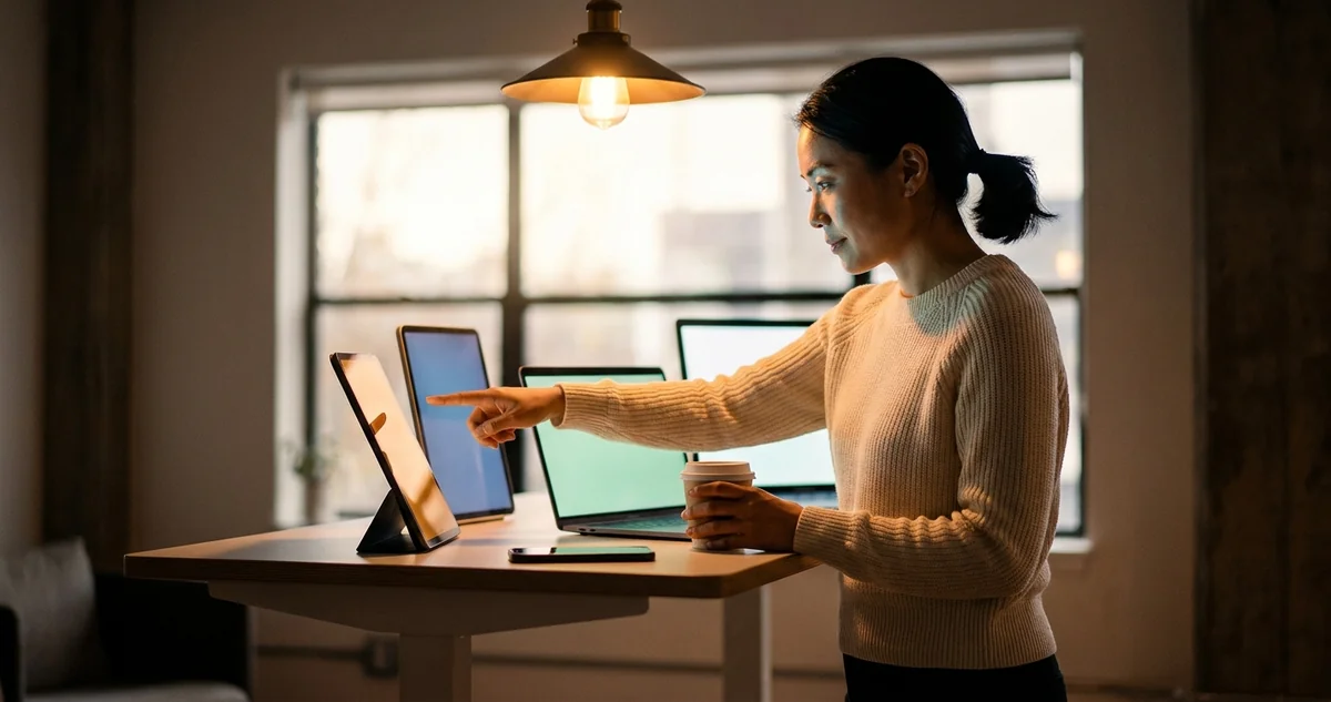 A leader at a standing desk orchestrating four AI terminals in parallel