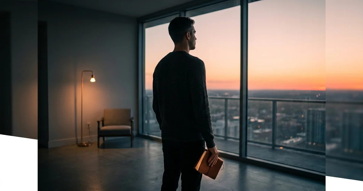 A leader at a window holding a leather notebook at dawn, planning the day