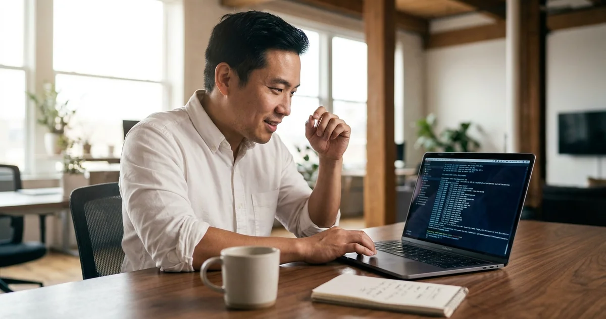 A leader reviewing AI agent output on a laptop