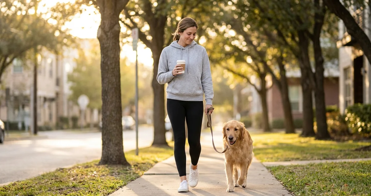 A leader walking their dog in the morning light after the multi-delegation sprint