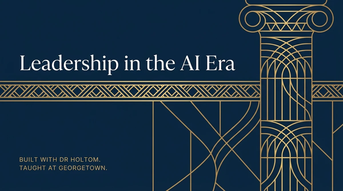 Leadership in the AI Era - classical column motif on Georgetown navy with the program name set in white serif typography